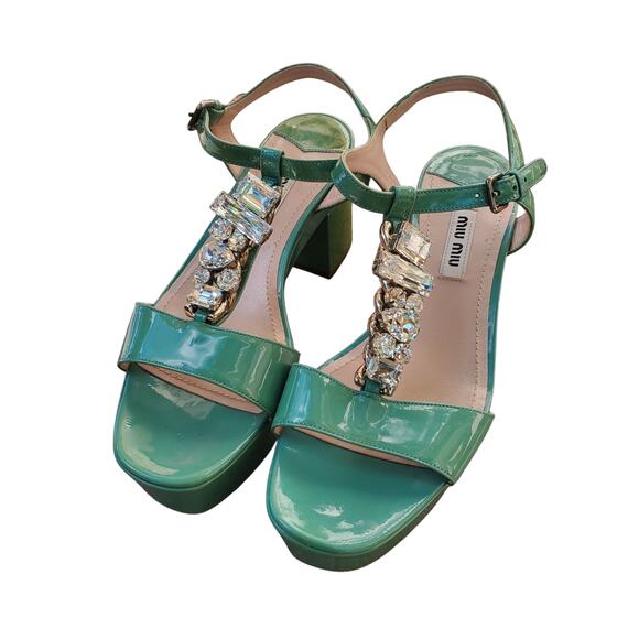 Miu Miu Green Patent Leather Crystal Platform Ankle Strap Sandals - Size 35 - Picture 5 of 9